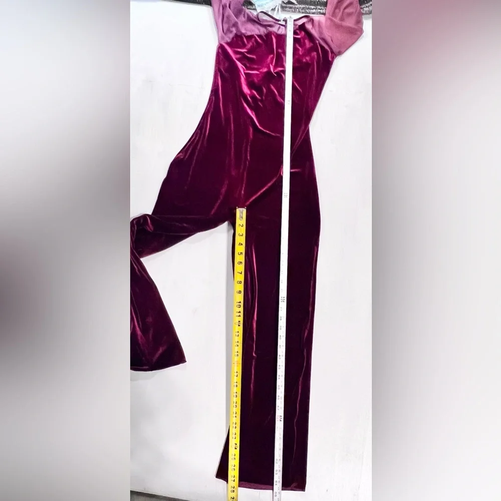 Cranberry velvet bodysuit one piece unitard leotard long sleeve pants jumpsuit - Picture 12 of 12